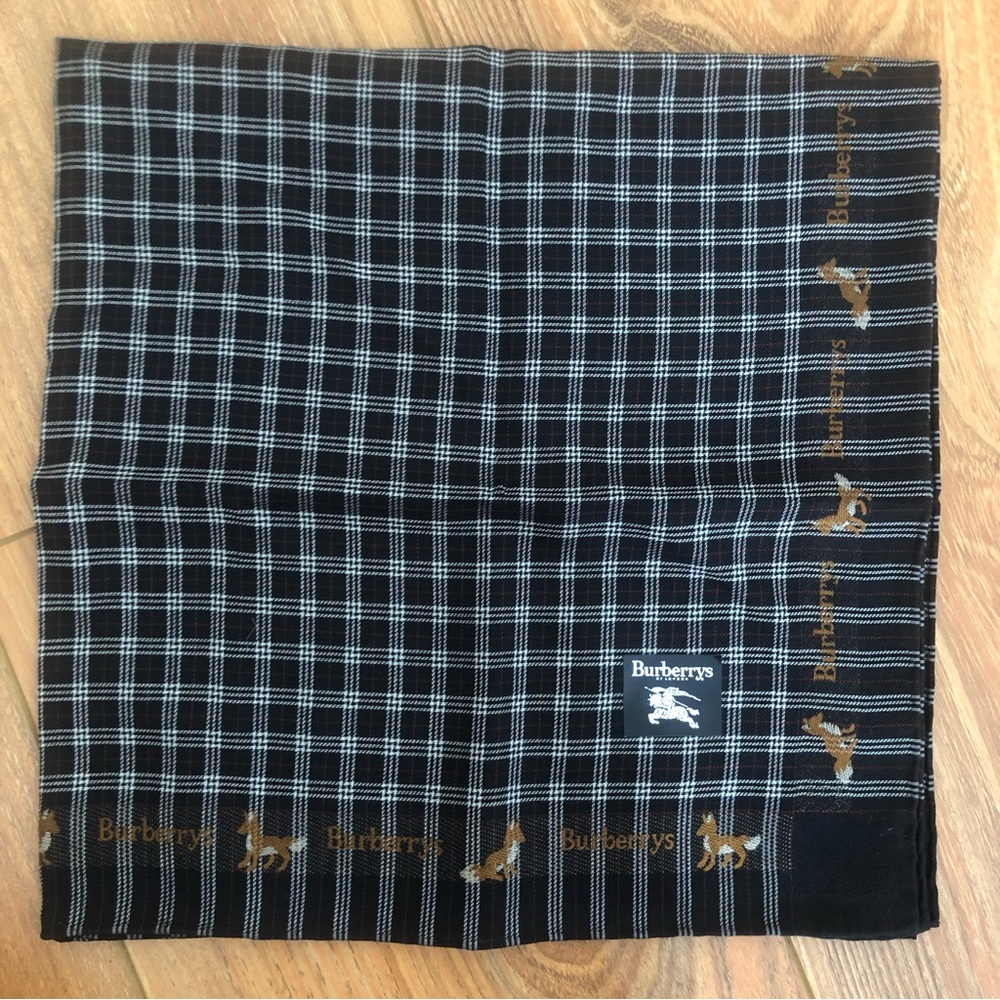 New Burberry Vintage Pocket Square Handkerchief Plaid Dogs Logo All Over Black